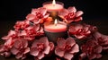 A group of candles in a flower shaped holder. Generative AI. Royalty Free Stock Photo