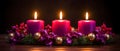 A group of candles with lights and ornaments Royalty Free Stock Photo