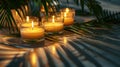 A group of candles are lit and placed on a table Royalty Free Stock Photo