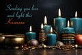 A group of candles sitting next to each other on a table. Kwanzaa celebration decor.