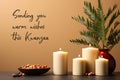 A group of candles sitting on top of a table. Kwanzaa celebration decor.