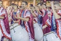 Group of Candombe Drummers at Carnival Parade of Uruguay Royalty Free Stock Photo