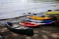Group of canoes on a Lake Windermere coast