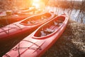 Group of canoes rental kayak on the lake shore beach Royalty Free Stock Photo