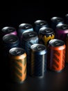 A group of cans with different designs on them are lined up, AI