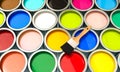 group of cans filled with coloured paint with brush