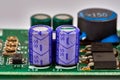 Group of capacitors different sizes on boards Royalty Free Stock Photo