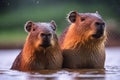 Group of capibaras relaxing in swamp water. Generative AI