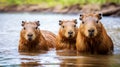 Group of a capybara in water