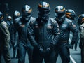 A group of car racers in helmets on the racetrack. Royalty Free Stock Photo