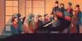 A group of carolers gathered around a piano singing holid one generative AI