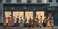 A group of carolers singing in front of a decorated store generative AI