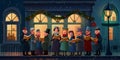 A group of carolers singing in front of a decorated store one generative AI