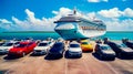 Group of cars parked in front of cruise ship in the ocean. Generative AI Royalty Free Stock Photo