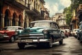 A group of cars parked neatly along the side of a road in a suburban neighborhood., Old vintage cars on a historic city street, AI Royalty Free Stock Photo