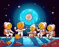 A group of cartoon astronauts sitting on top of a moon, bitcoin sign glowing at the sky. AI generative image