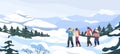 Group of cartoon backpacker winter hiking at mountain landscape panorama. Two active couple walking at snowy season Royalty Free Stock Photo