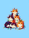 Grumpy cats tangled in colorful Christmas lights, a festive holiday illustration Royalty Free Stock Photo