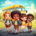 Group of cartoon children with backpacks with school bus. Generative AI Royalty Free Stock Photo