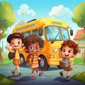 Group of cartoon children with backpacks with school bus. Generative AI Royalty Free Stock Photo