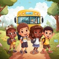 Group of cartoon children with backpacks with school bus. Generative AI Royalty Free Stock Photo