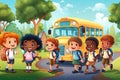 Group of cartoon children with backpacks with school bus. Generative AI Royalty Free Stock Photo