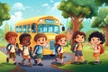 Group of cartoon children with backpacks with school bus. Generative AI Royalty Free Stock Photo