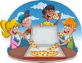 Couple of cartoon people eating junk food.Group of cartoon children eating pepperoni pizza.