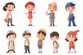 A group of cartoon children, nine in total, four with blurred faces, standing in a line, wearing different outfits, such as Royalty Free Stock Photo