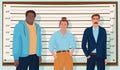 Group of cartoon criminal person standing at police lineup vector graphic illustration