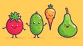 A group of cartoon fruits and vegetables are shown in a row, AI