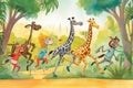 A group of cartoon giraffes running through a jungle. Generative AI image.