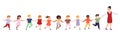 Group of cartoon happy multicultural children and educator. Girls and boys follow a woman leader, hold hands. Cute diverse kids.