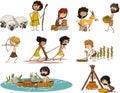 Group of cartoon neolithic people working.