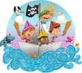 Group of cartoon pirate kids sailing on paper boat. Royalty Free Stock Photo