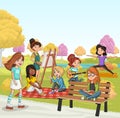 Group of cartoon teenager girls in the park with grass and trees.