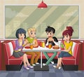 Group of cartoon teenagers eating junk food at diner table.