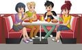 Group of cartoon teenagers eating junk food at diner table.
