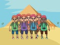 Group of cartoon tourists at Egyptian pyramids background