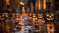 A group of carved pumpkins in water