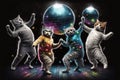 group of cats dressed up in disco clothes, dancing under a glittering disco ball illustration generative ai