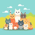 A group of cats are sitting in front of a mountain. Royalty Free Stock Photo