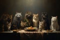 Group of cats sitting on the table in a dark room and looking at the camera, A group of cats lined up with a bowl of food on the Royalty Free Stock Photo