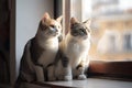 group of cats sitting on windowsill, looking outside Royalty Free Stock Photo