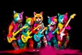 Group of cats that are standing in the air with guitars in their hands. Generative AI