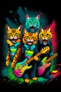 Group of cats standing next to each other with guitars in front of them. Generative AI