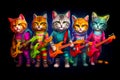 Group of cats standing next to each other with guitars in their hands. Generative AI