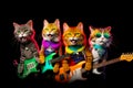 Group of cats that are standing next to each other with guitars in their hands. Generative AI