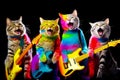 Group of cats standing next to each other with guitars in their hands. Generative AI