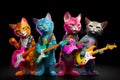 Group of cats that are standing next to each other with guitars in their hands. Generative AI